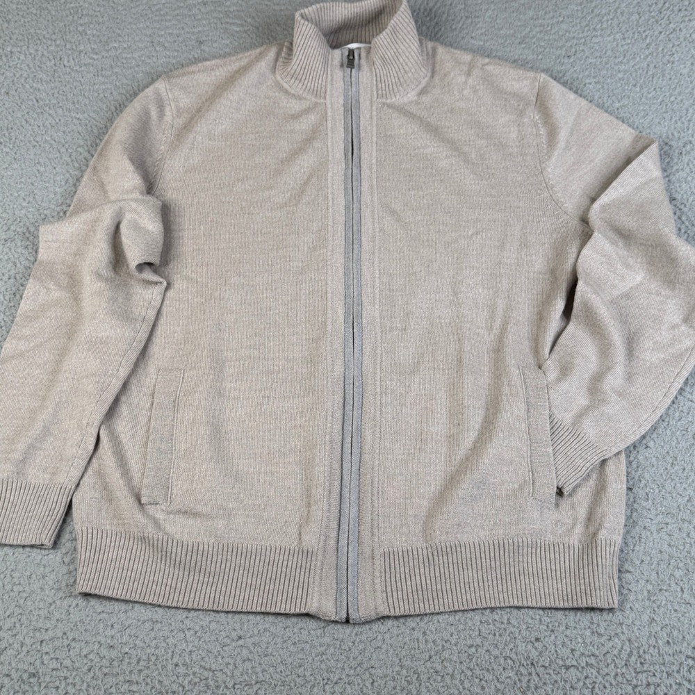 Calvin Klein Sweater Mens M Beige Full Zip Mock Neck Extra Fine Merino Wool Knit